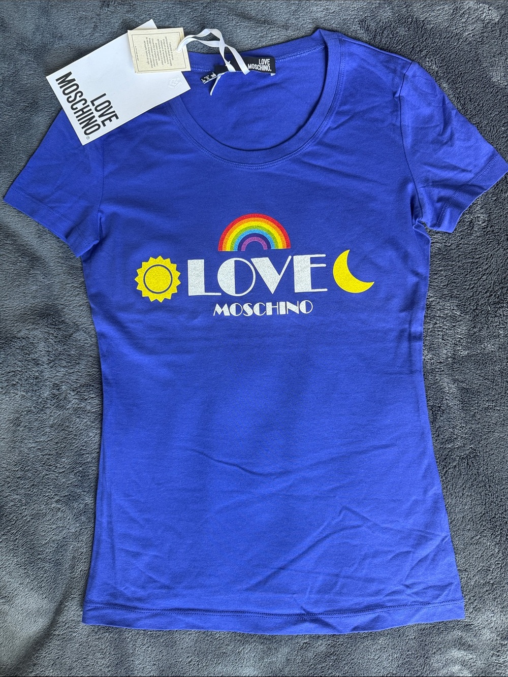 Love Moschino Royal Blue Baby Tee with Rainbow & Sun-Moon Motifs